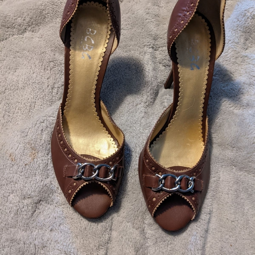 BCBGeneration Brown Peep-Toe Heels with Chain Accent